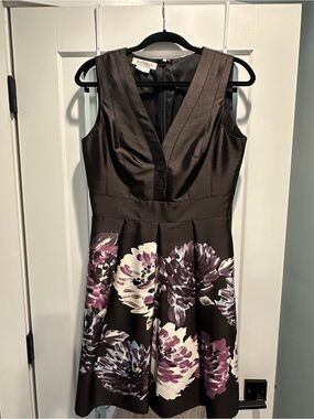 Vintage Kay Unger Black Floral Satin V-Neck Fit & Flare Dress Size 8